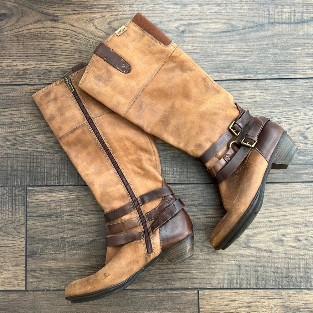 PIKOLINOS Cognac LEATHER Tall Riding Strappy BOOTS Sz 36 (US 5.5) Western Boho